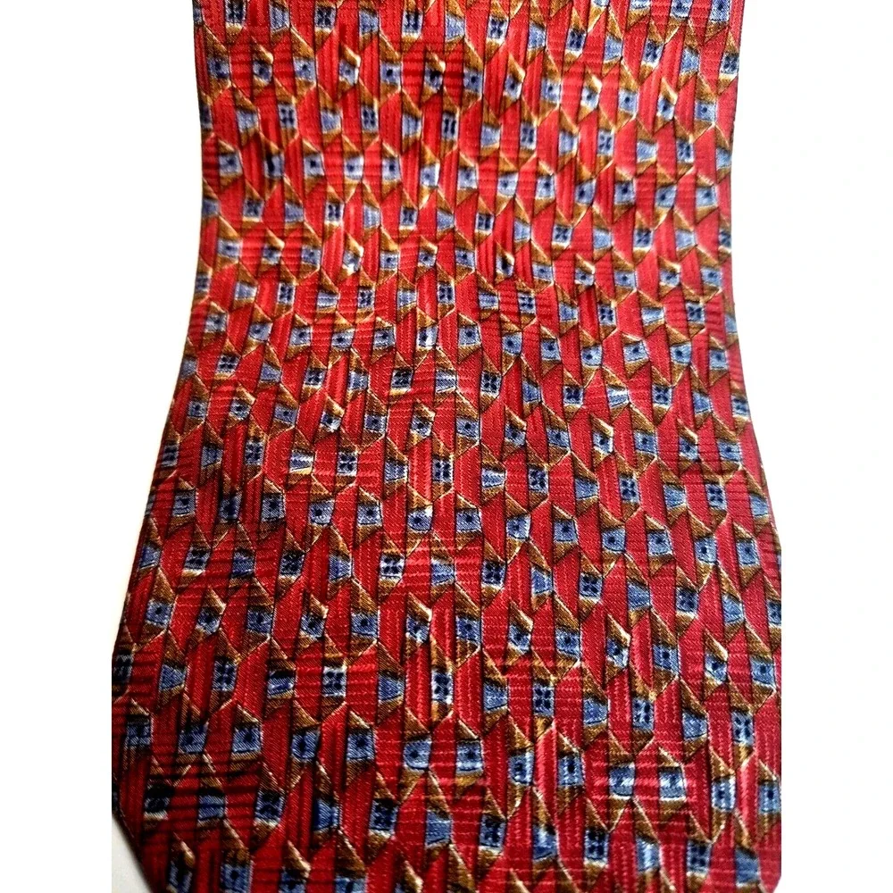 Robert‎ Talbott Red Geometric Foulard Print Blue Brown Pointed Tie USA